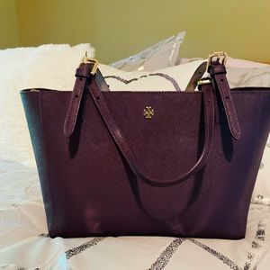 Tory Burch Small York Buckle Handbag Tote in Purple Iris Saffaino leather.